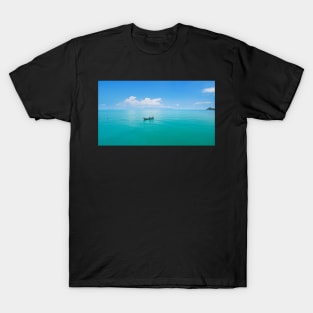 Aerial panoramic view of fishing boat on emerald sea T-Shirt